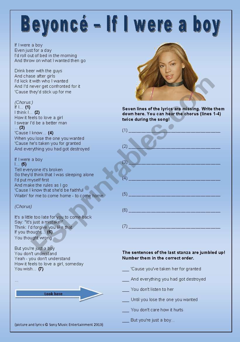 Beyonc - If I were a boy worksheet