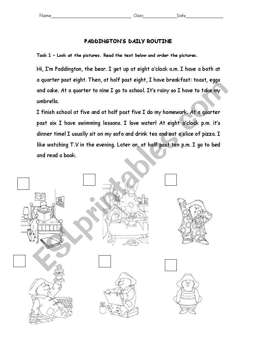 Paddingtons Daily Routine worksheet