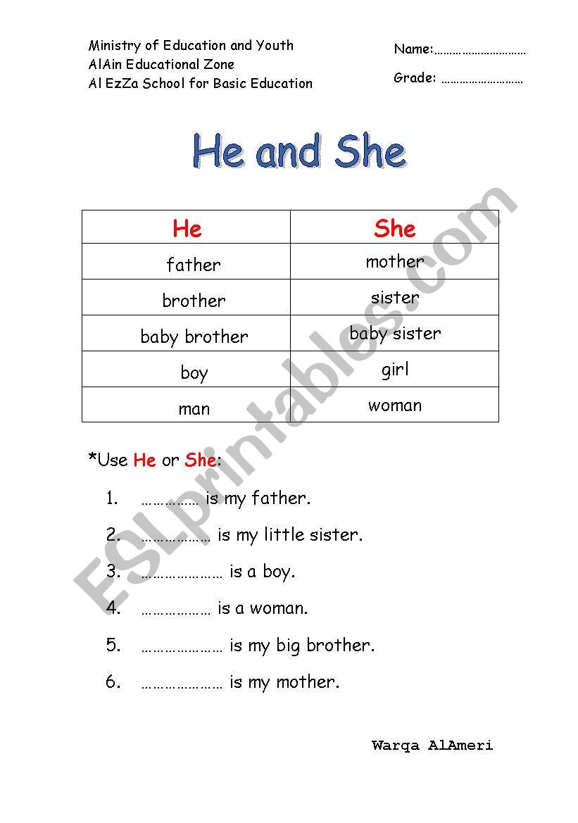 He and she worksheet worksheet
