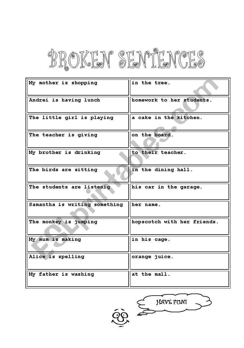 broken sentences worksheet