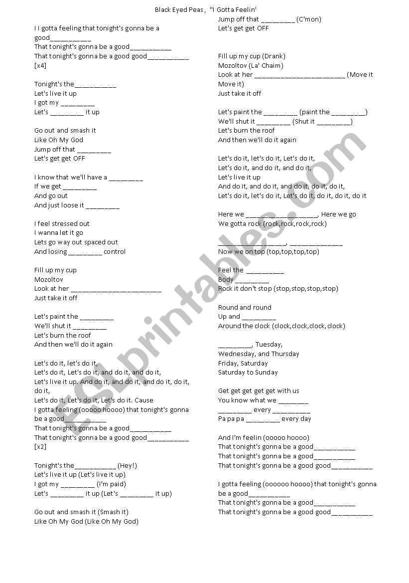 I gotta feeling:  worksheet