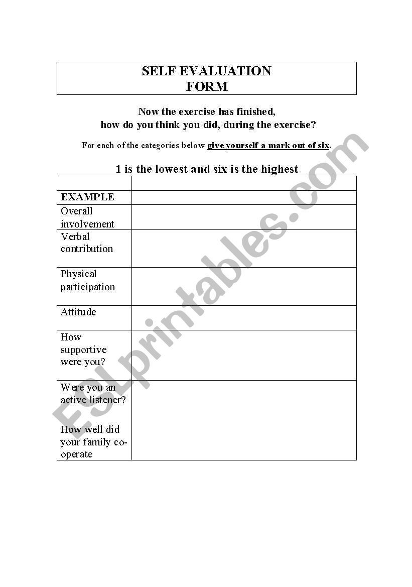 Family - Self assessment worksheet