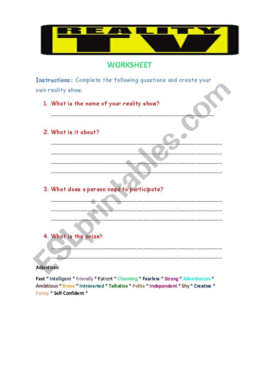 Reality Tv worksheet