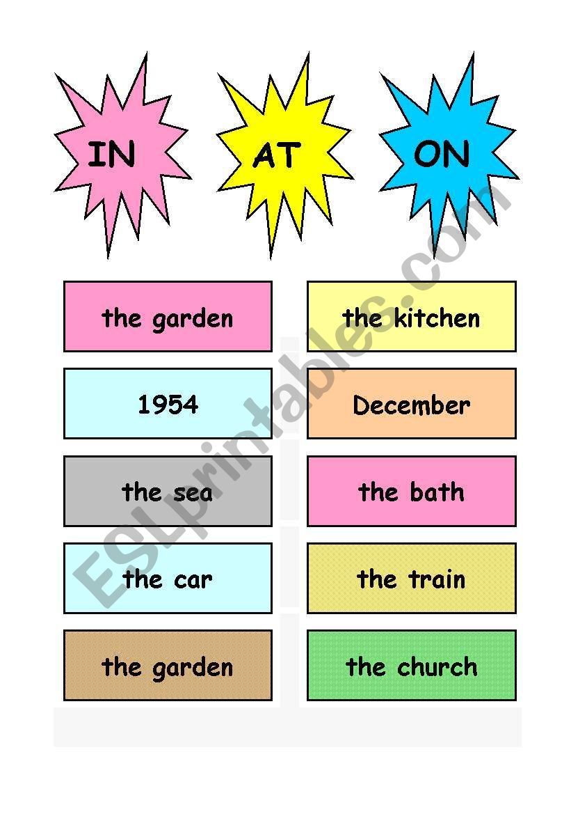 In At On flash cards worksheet
