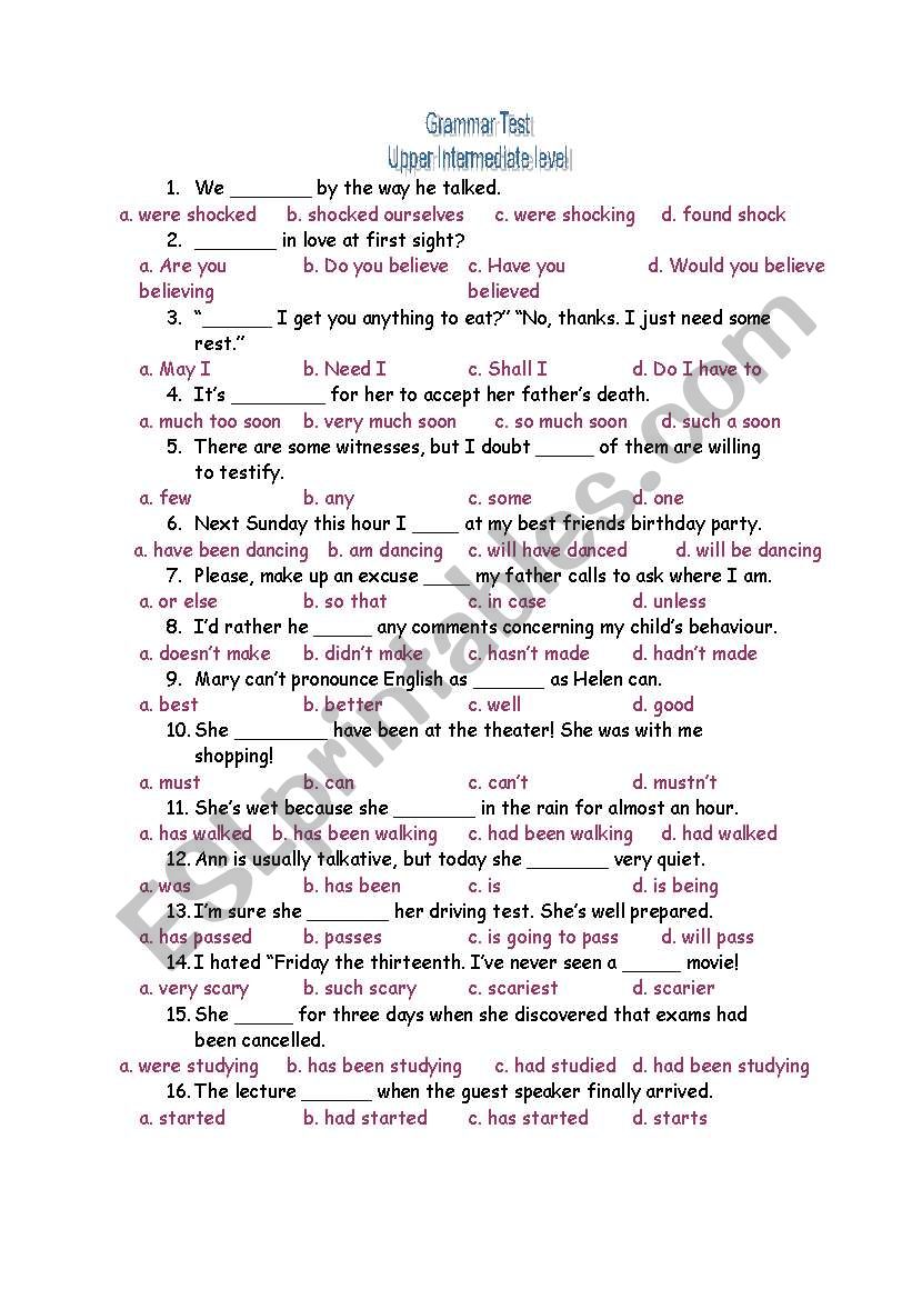 Multiple Choice grammar Test worksheet