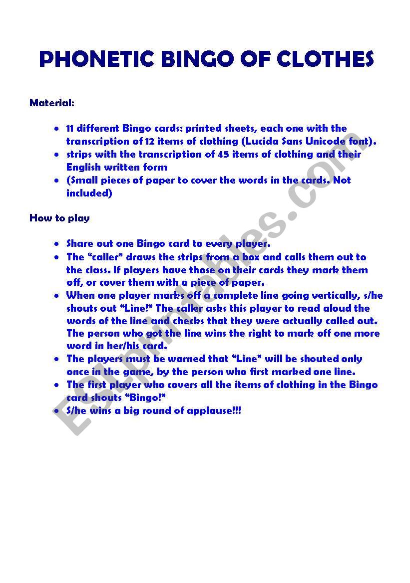 Phonetic bingo of clothes worksheet