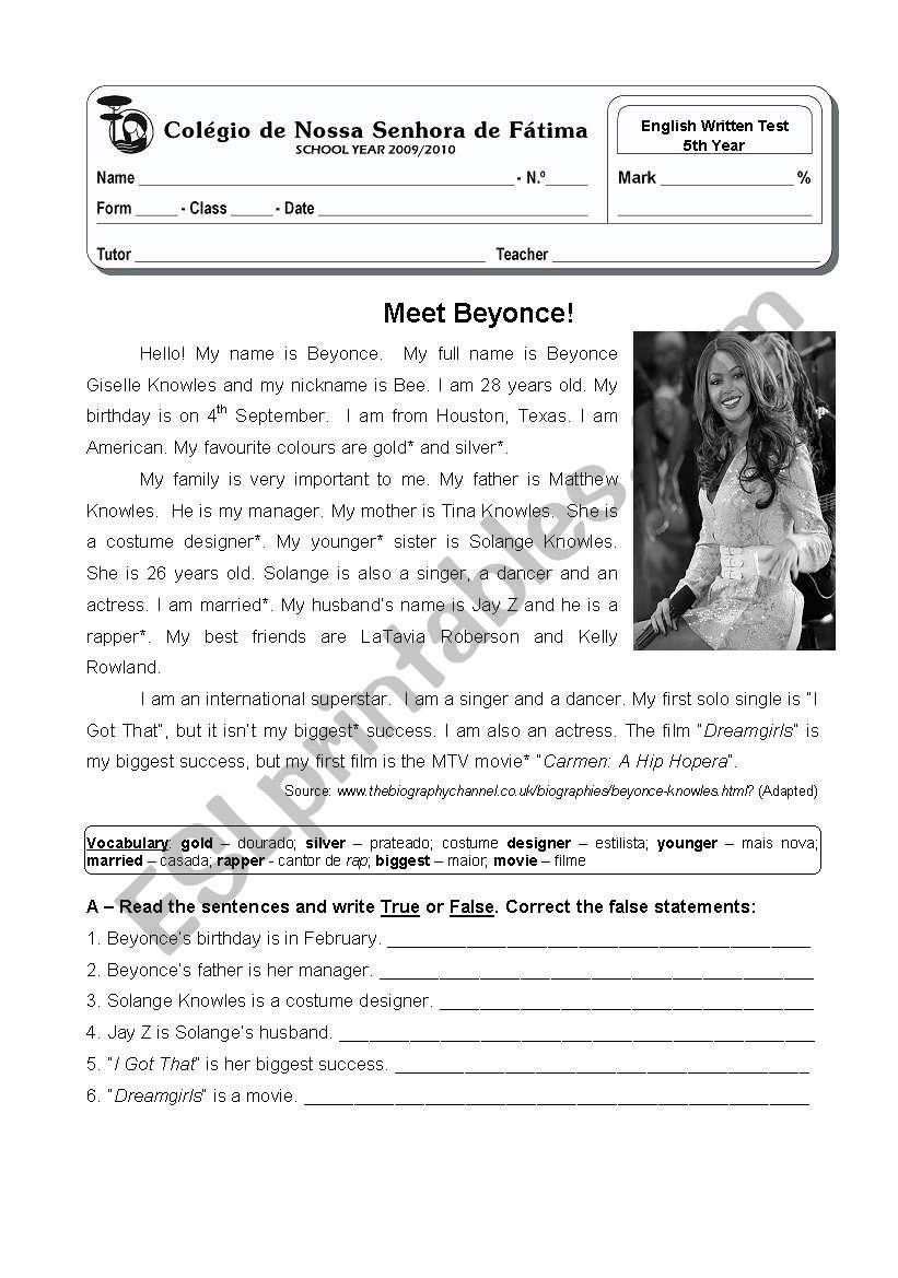 Meet Beyonce - test 5th year worksheet