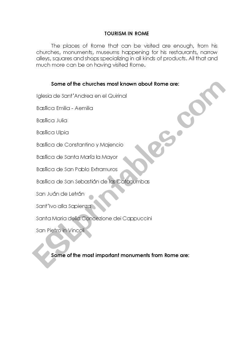 Touristic Place worksheet