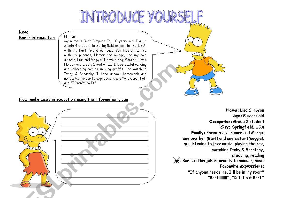Introduce yourself Simpsons worksheet