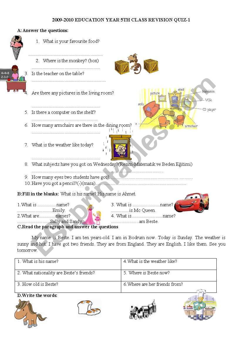 revision test for 5h grade students