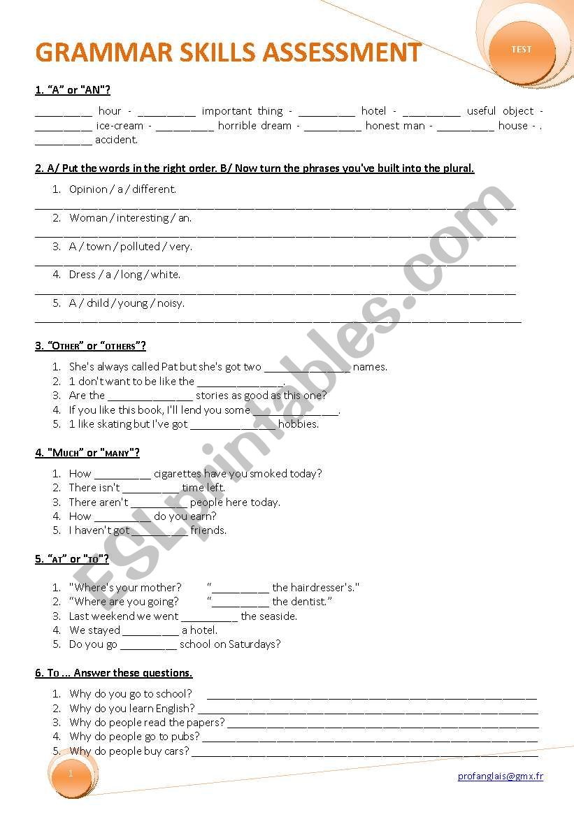 GRAMMAR SKILLS ASSESSMENT worksheet