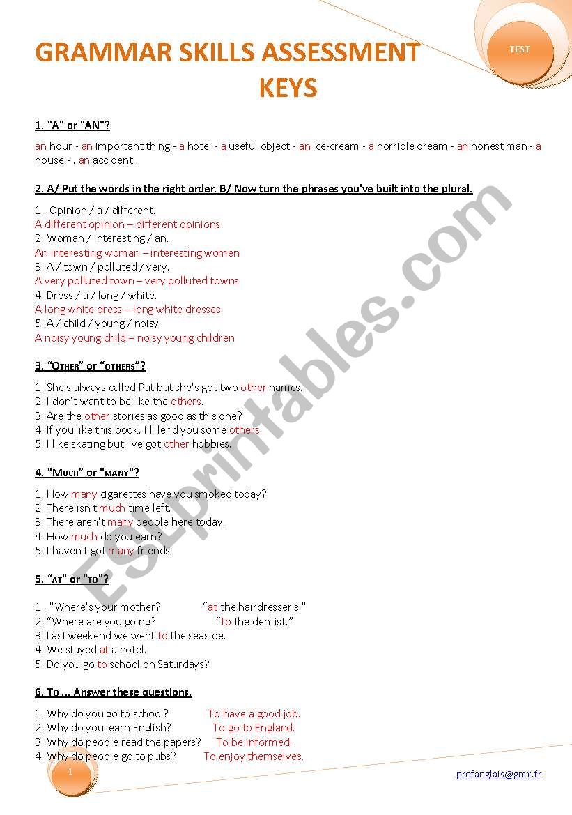 GRAMMAR SKILLS ASSESSMENT (KEYS)