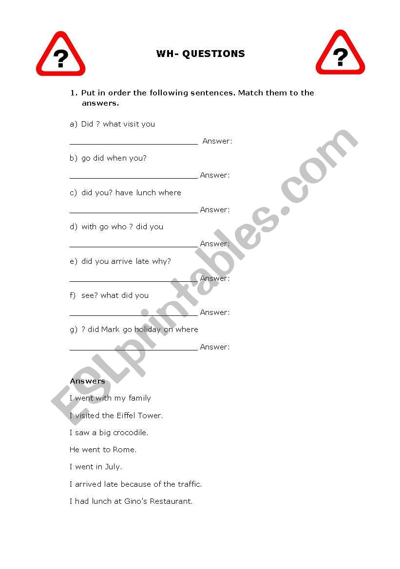 Question words activities worksheet