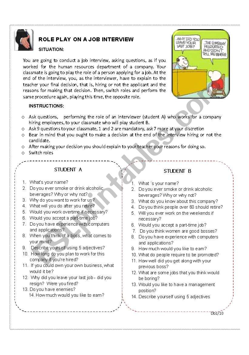 a job interview ,( role play) worksheet