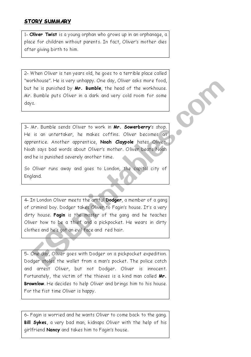 oliver twist summary part 1 worksheet