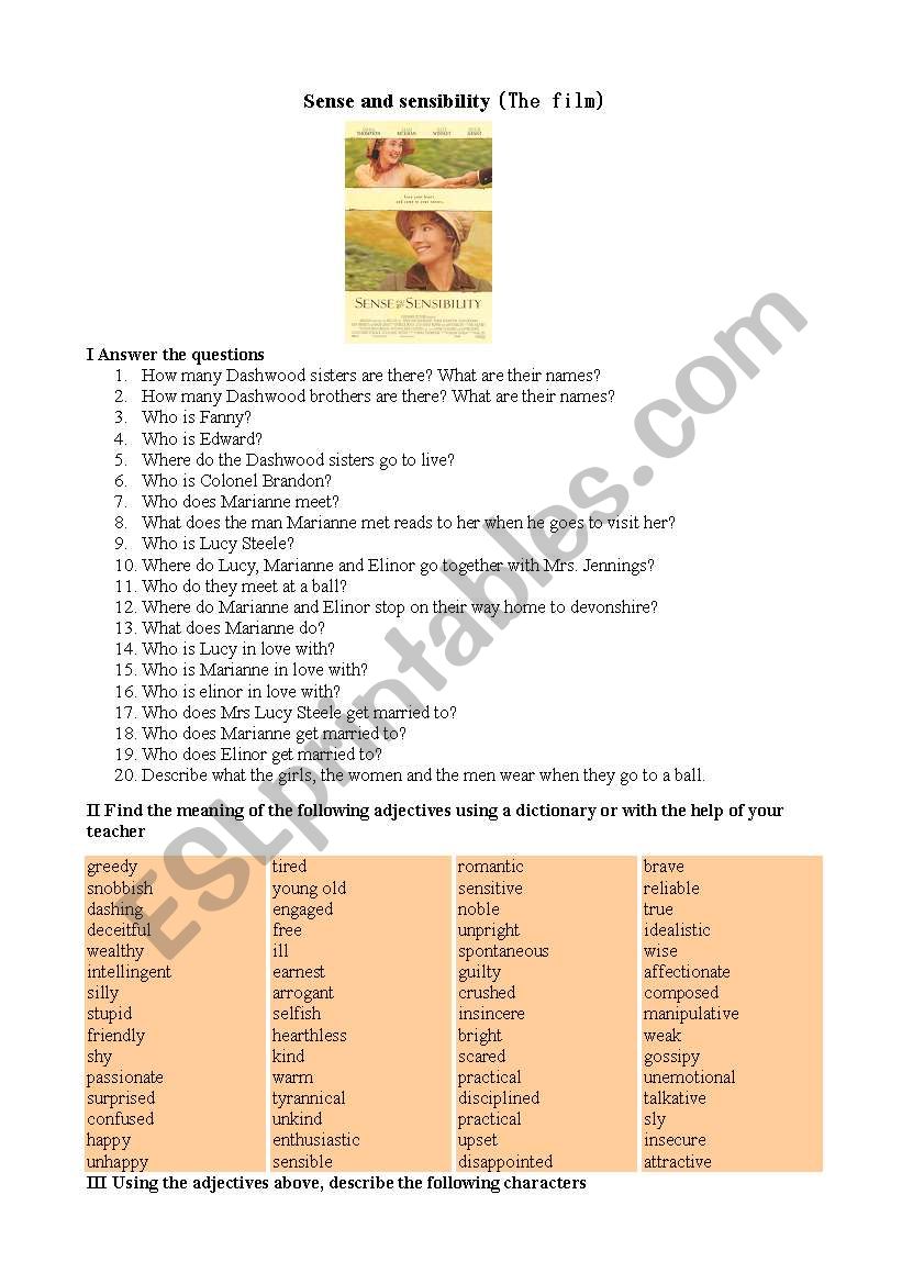 Sense and Sensibility worksheet