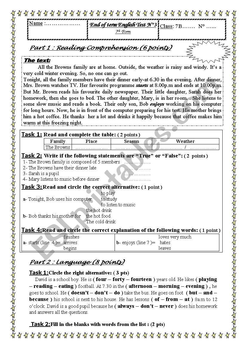 test for young students worksheet