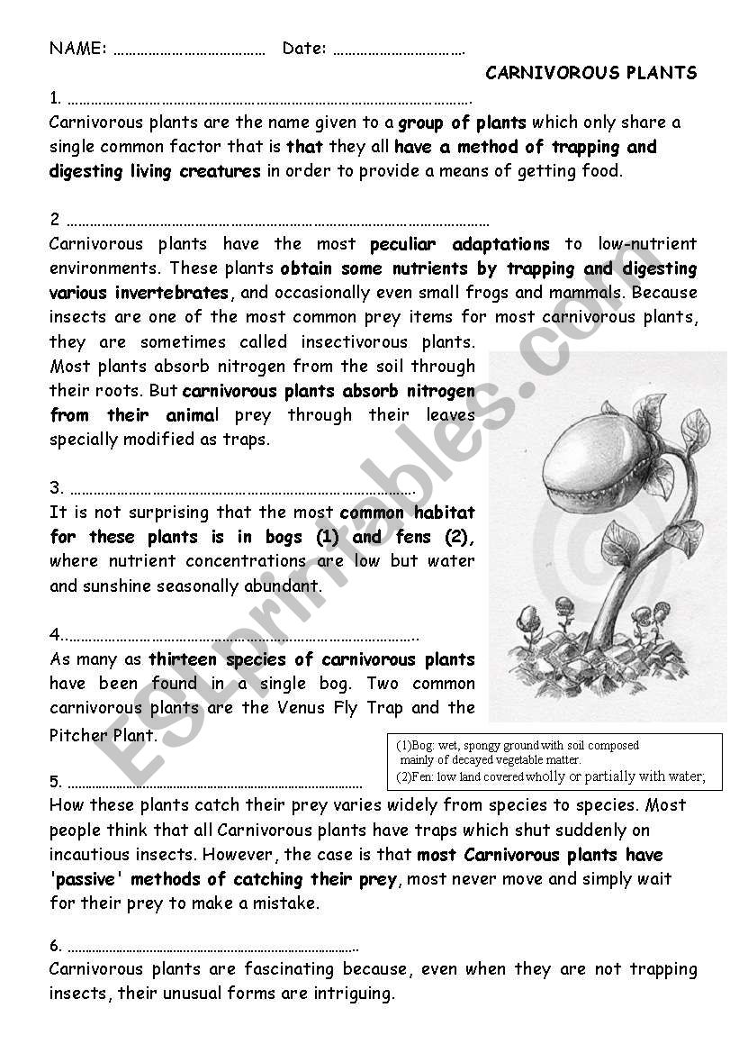 Carnivorous plants reading worksheet