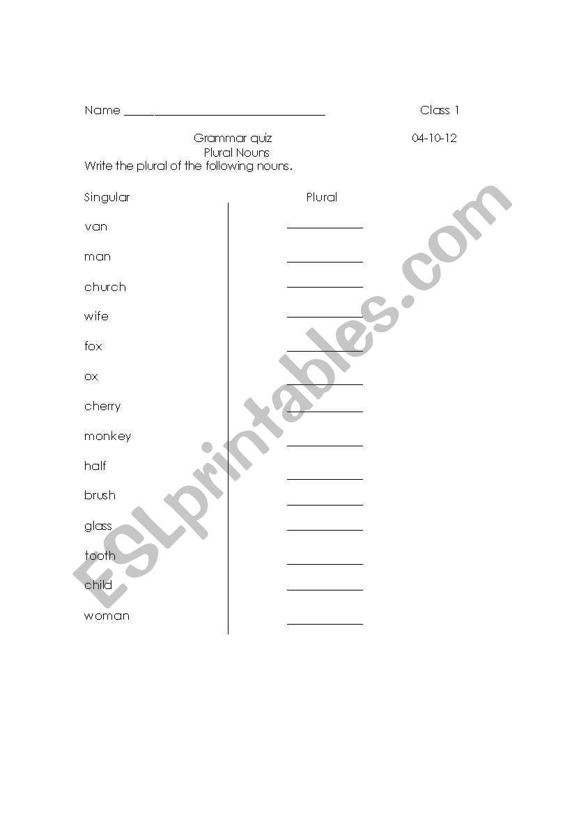 singular and plural worksheet