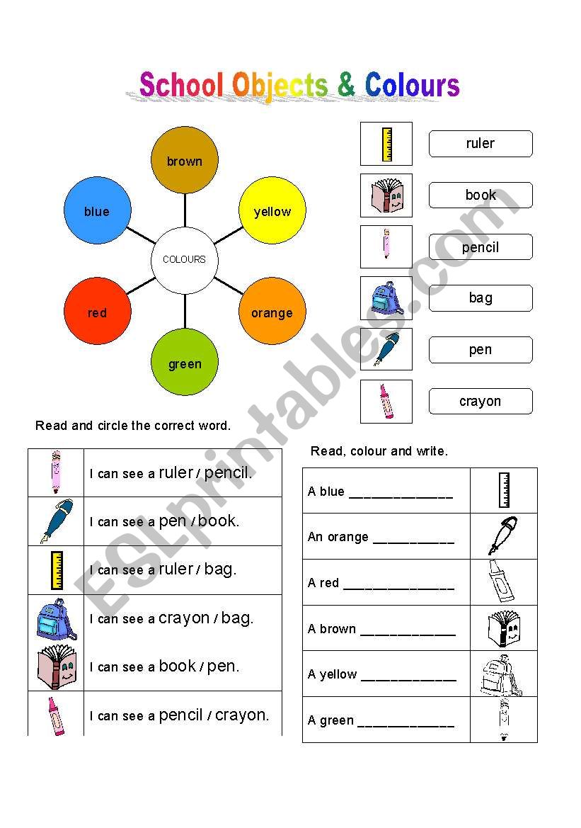 SCHOOL OBJECTS AND COLOURS worksheet