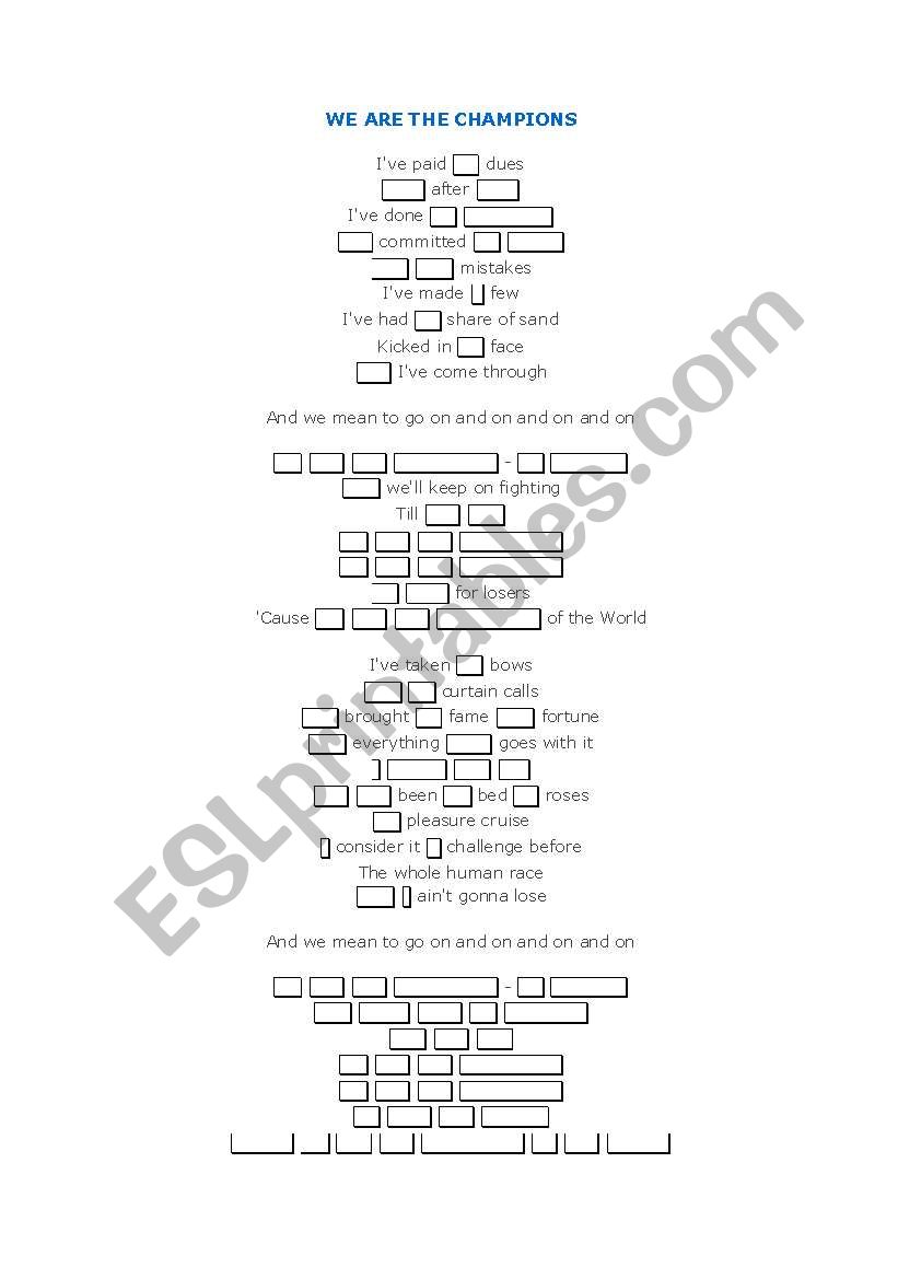 WE ARE THE CHAMPIONS BY QUEEN worksheet