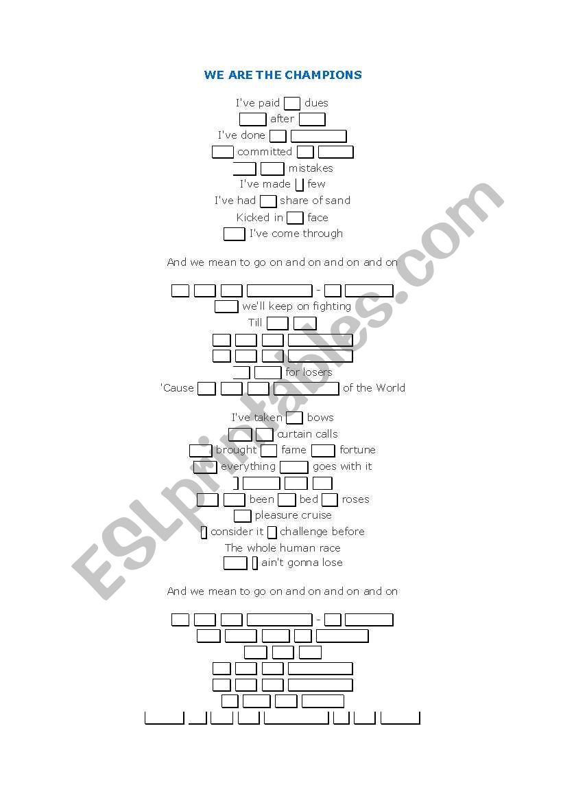 WE ARE THE CHAMPIONS BY QUEEN worksheet