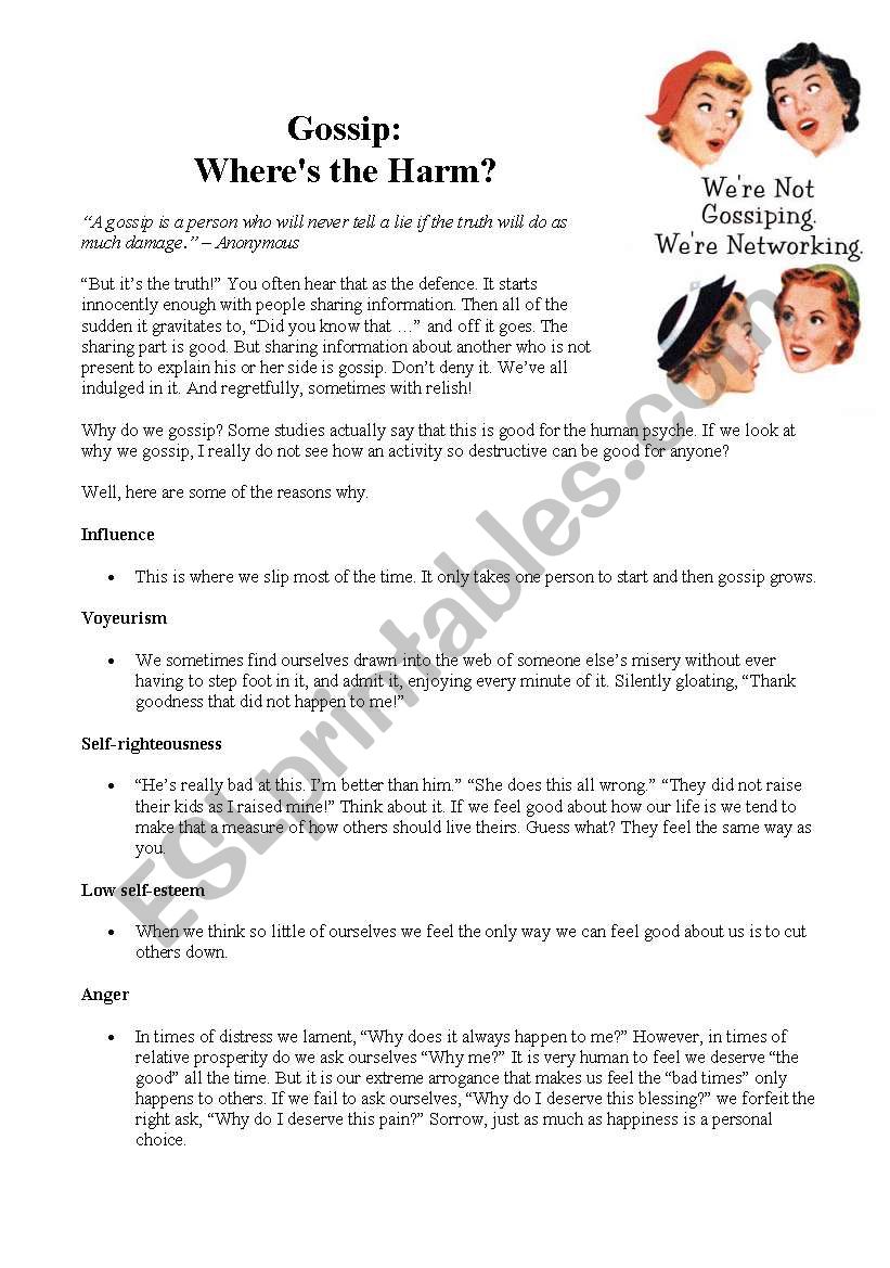 GOSSIP: WHERES THE HARM? worksheet