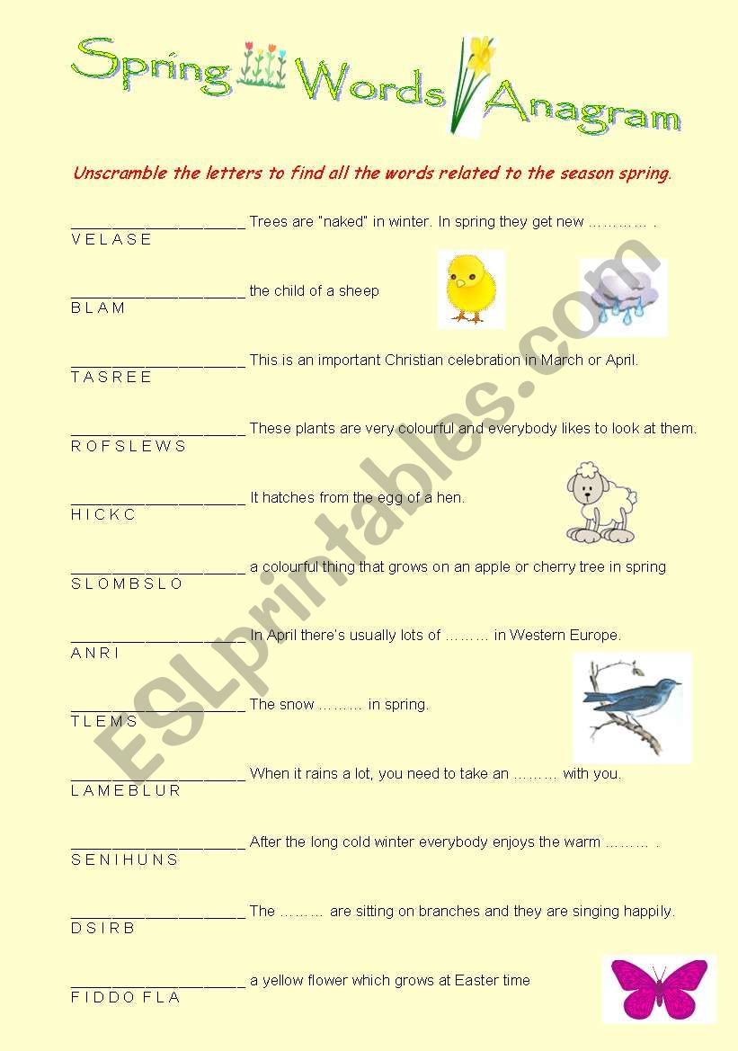 spring words anagram with answer key - good task for homework
