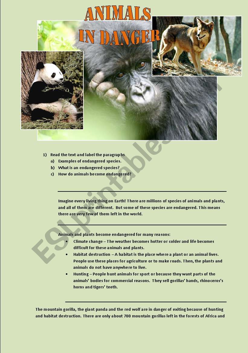 ANIMALS IN DANGER READING COMPREHENSION (2 PAGES)