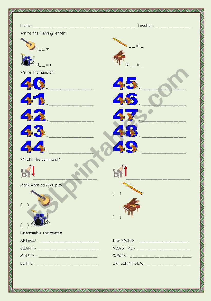 Numbers & Music Instruments worksheet