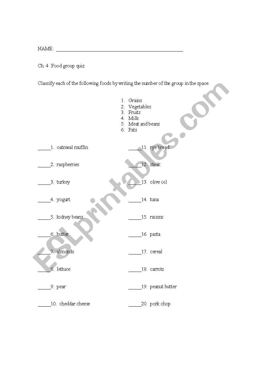 Food Groups Worksheet or Quiz worksheet