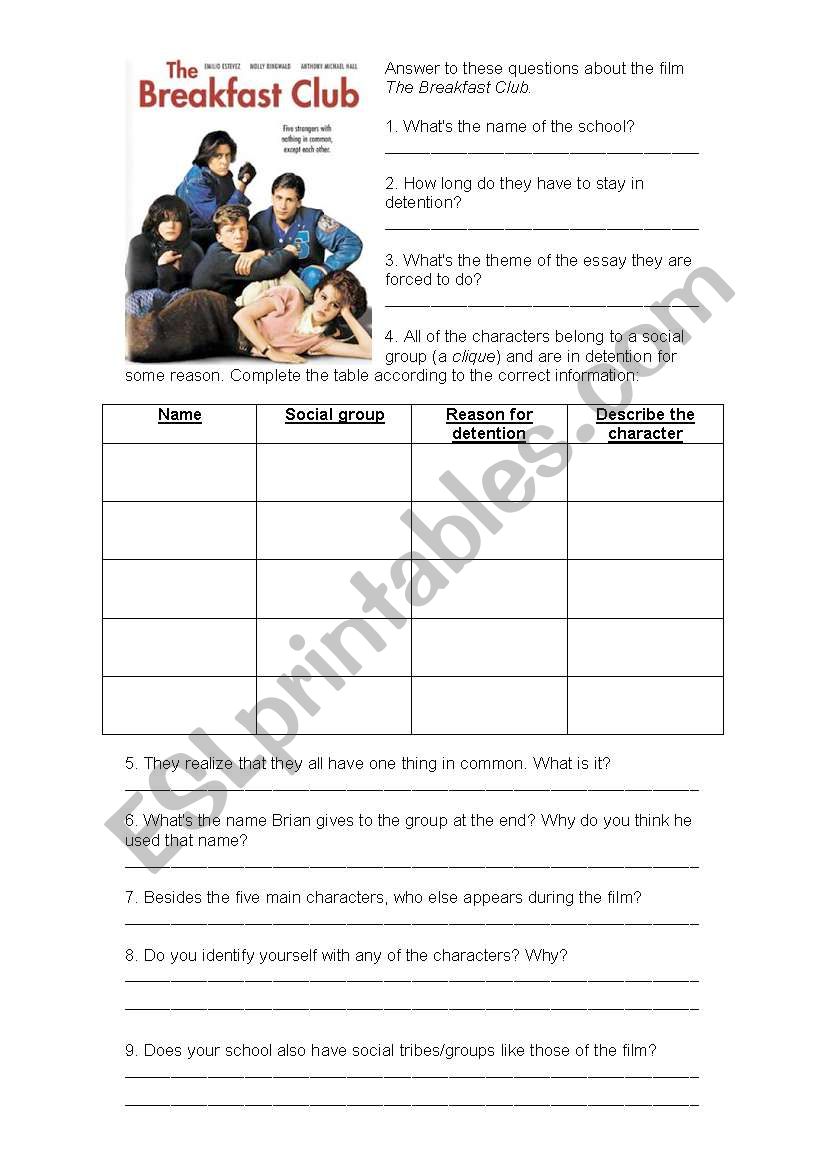 The Breakfast Club worksheet worksheet