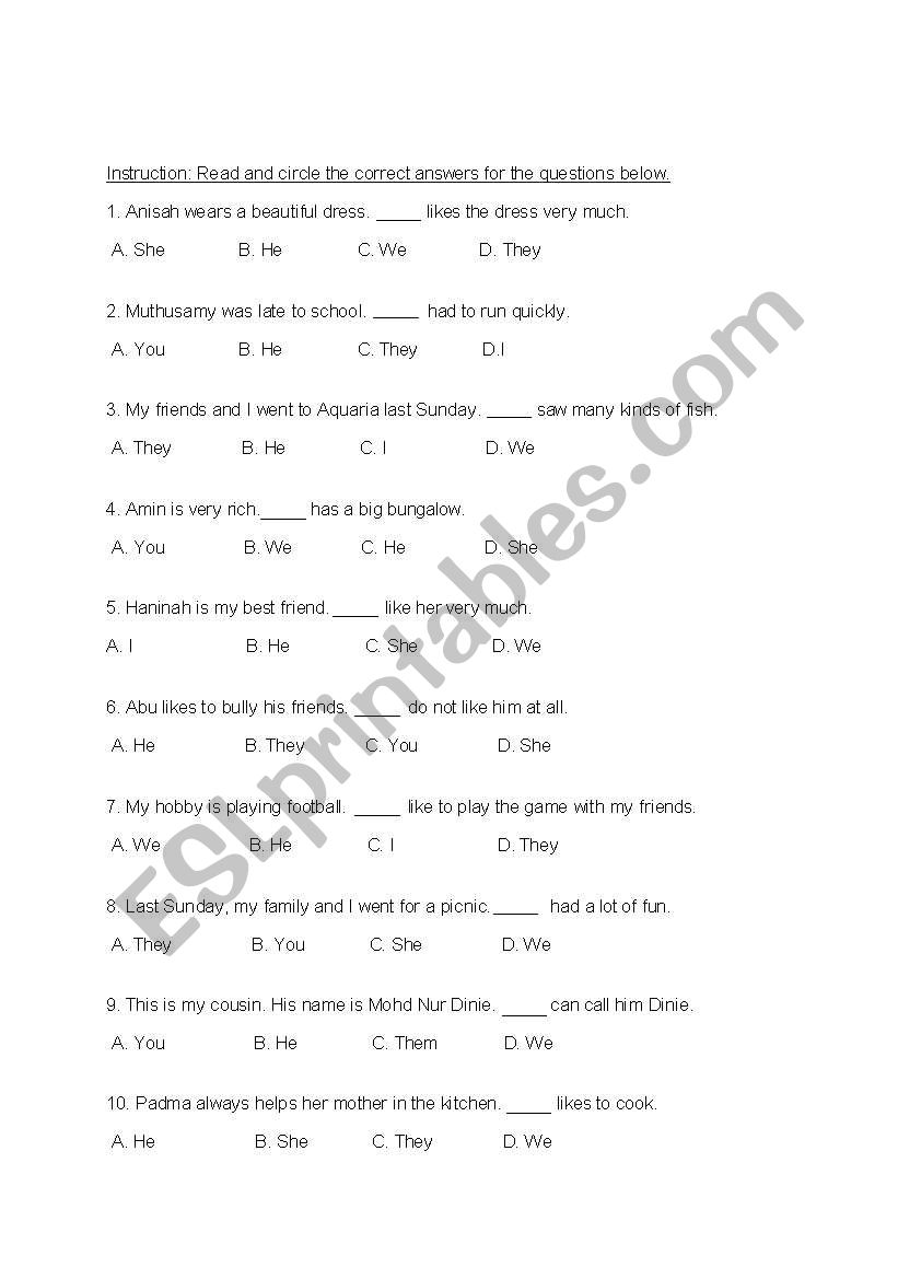 personal pronouns worksheet