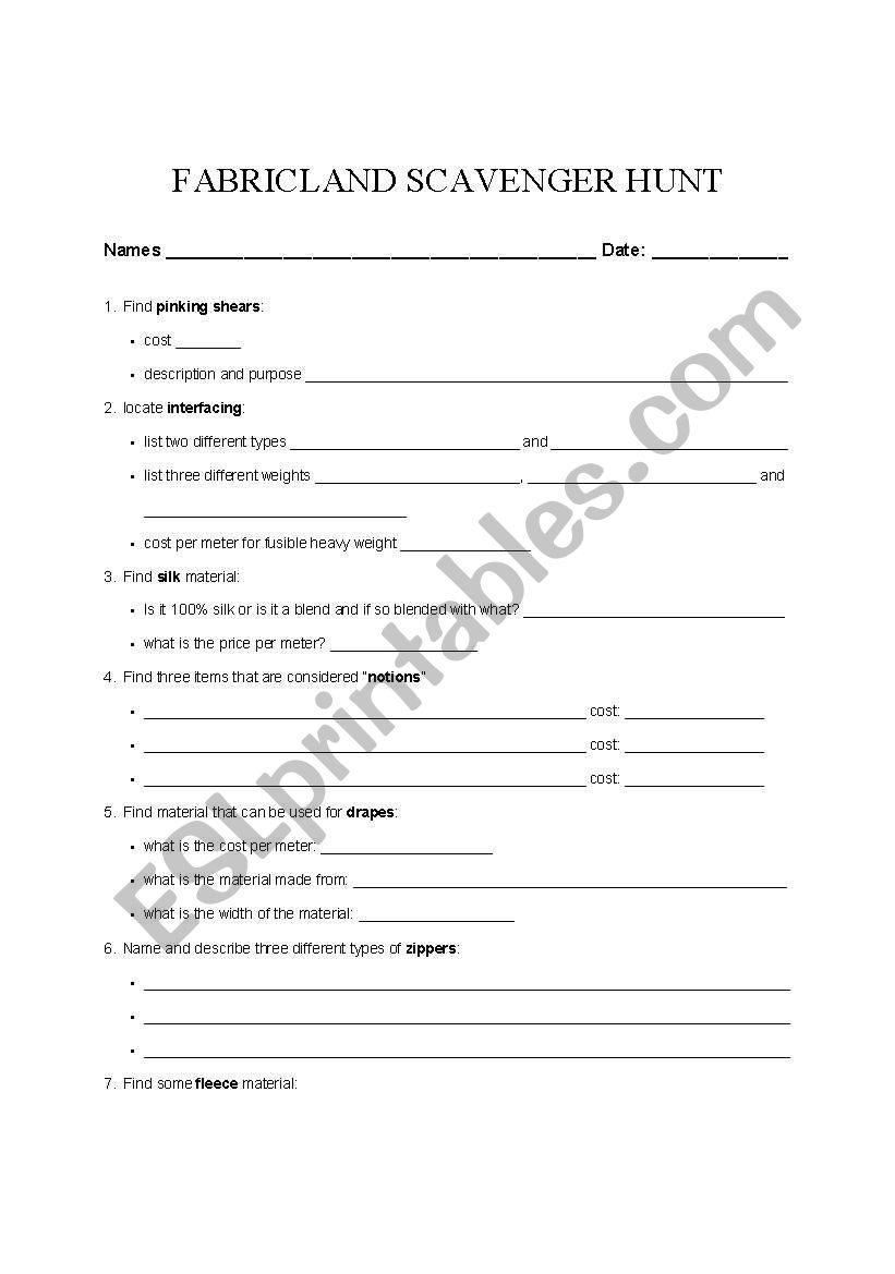 Fabricland Scavenger Hunt worksheet