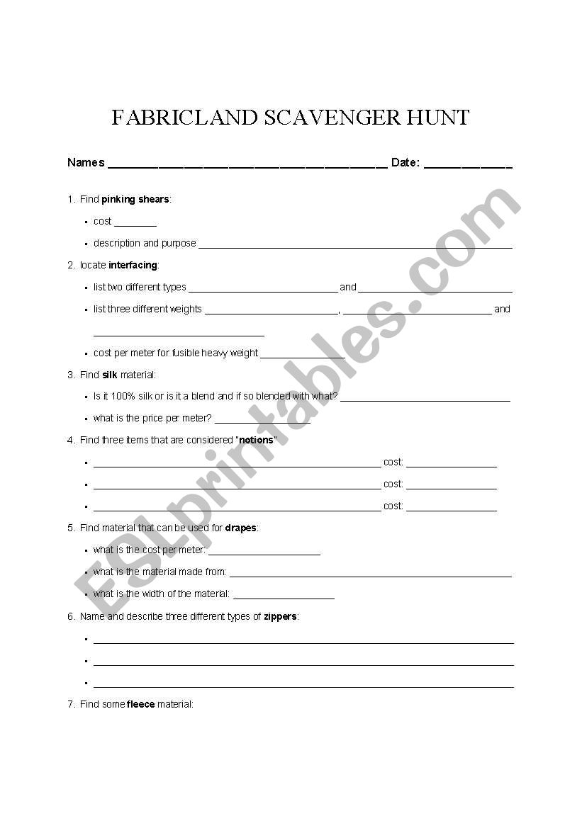 Fabricland Scavenger Hunt worksheet