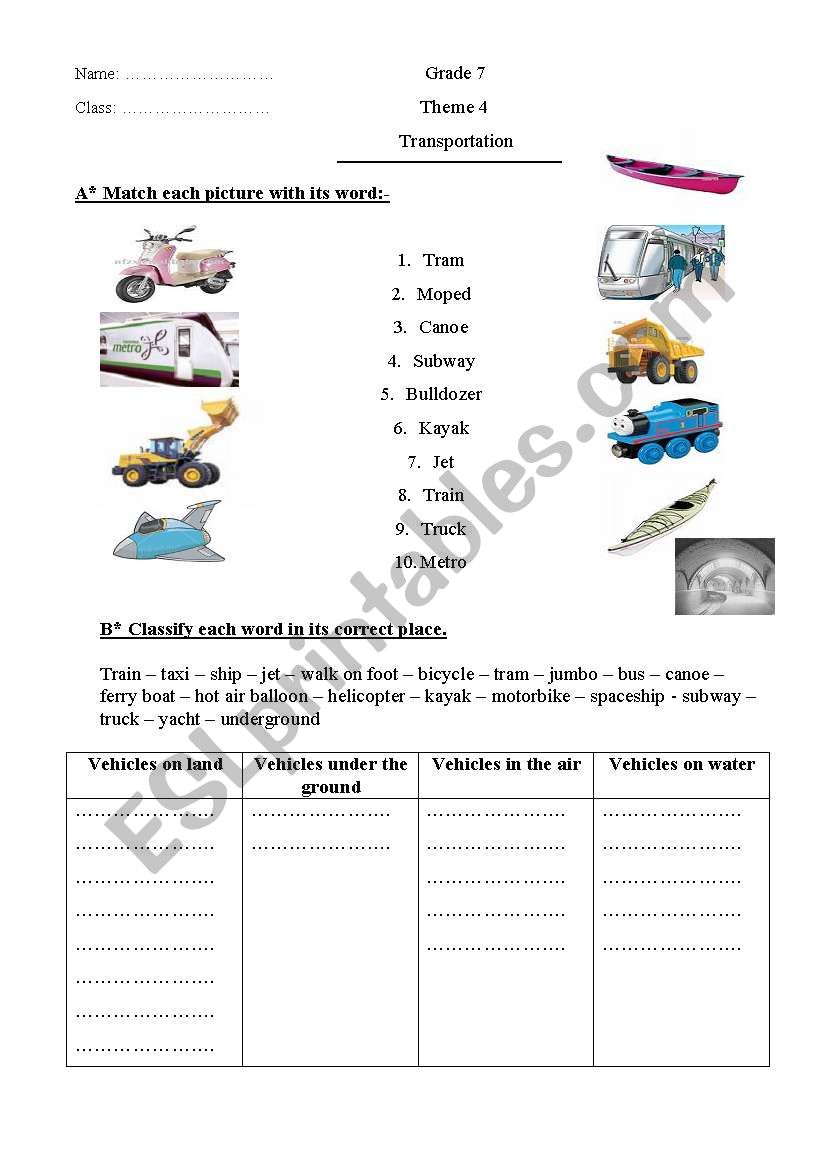 Means of transportation worksheet