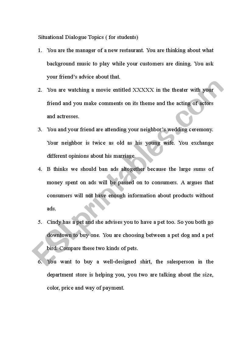 Oral Examination Topics worksheet