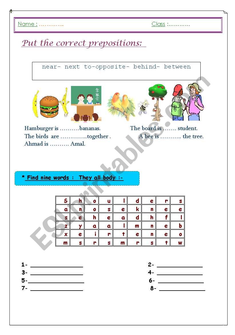 prepositions and body parts worksheet