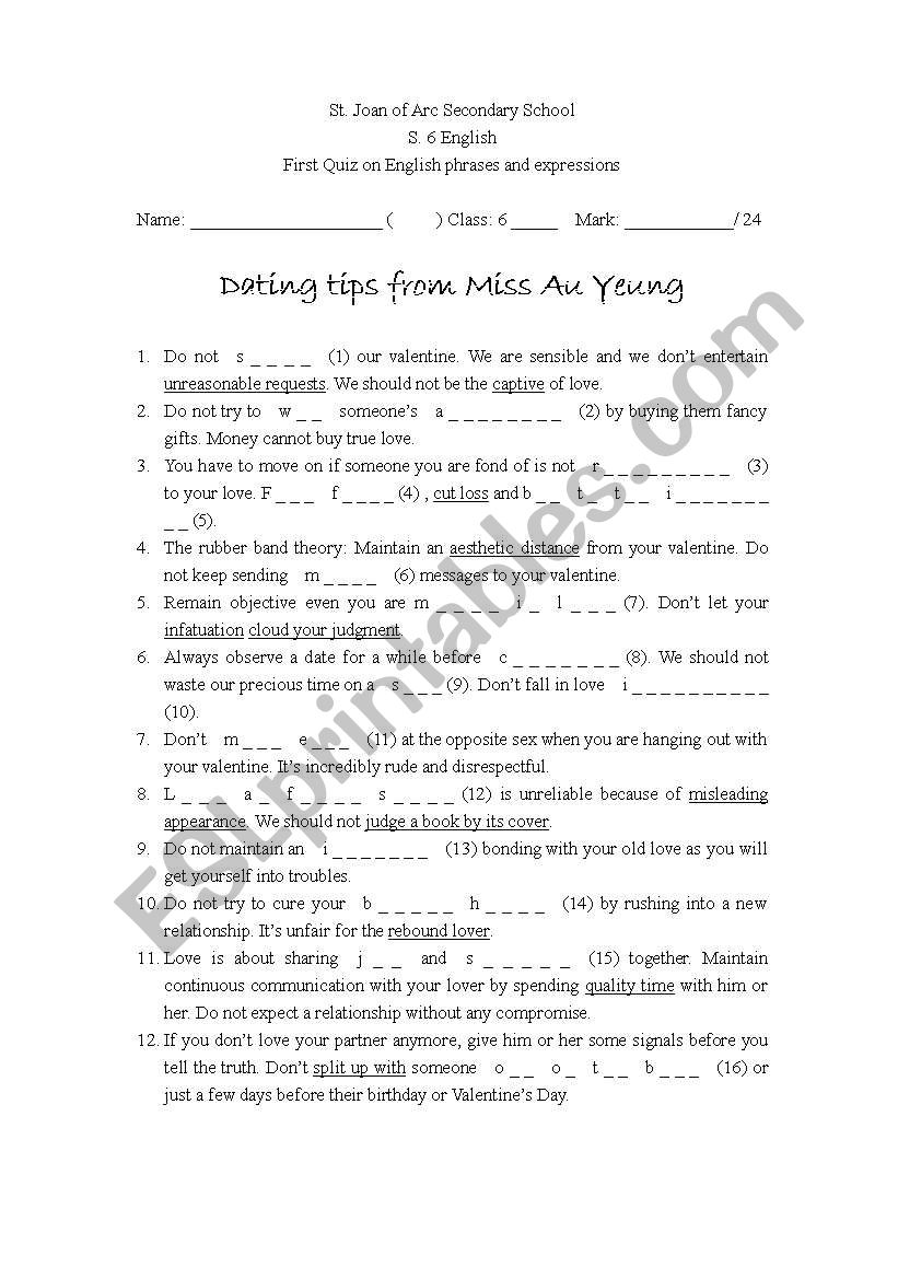 Vocabulary test on love worksheet