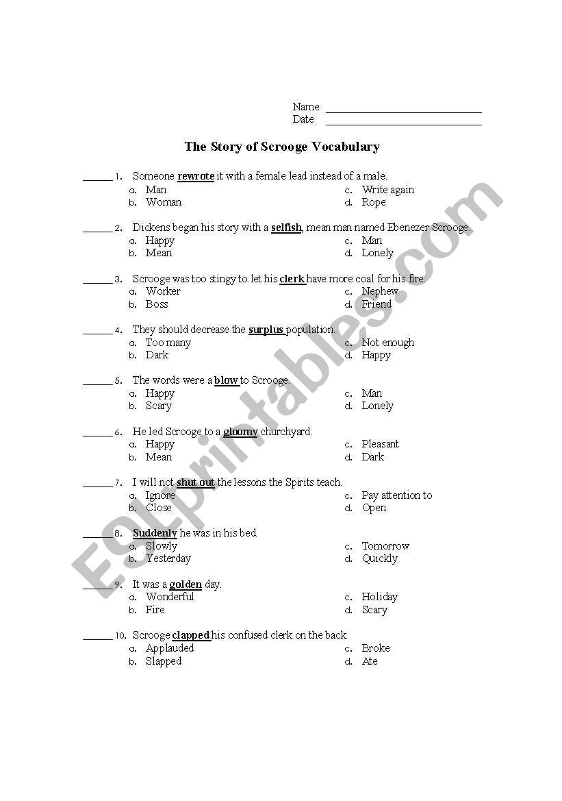 English worksheets: Vocabulary Quiz for A Christmas Carol
