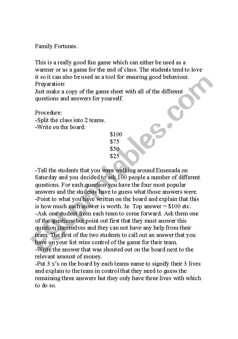 Family Fortunes worksheet