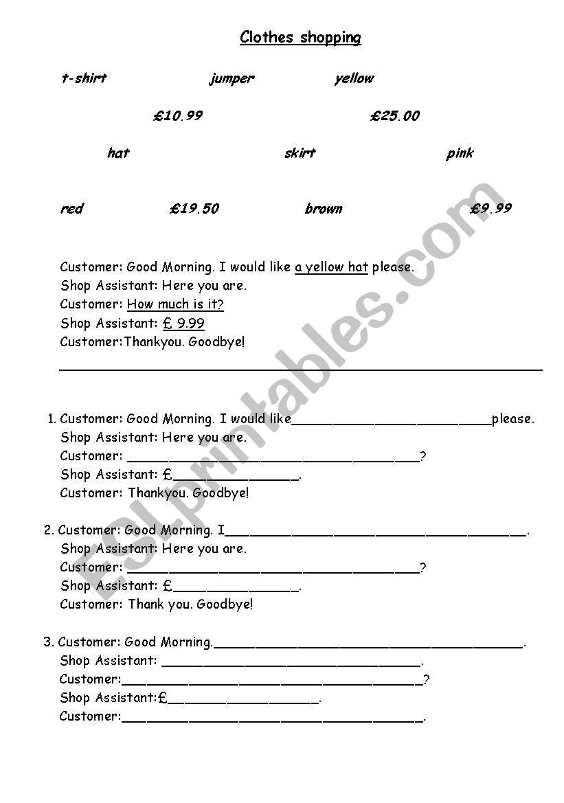 Clothes shopping worksheet