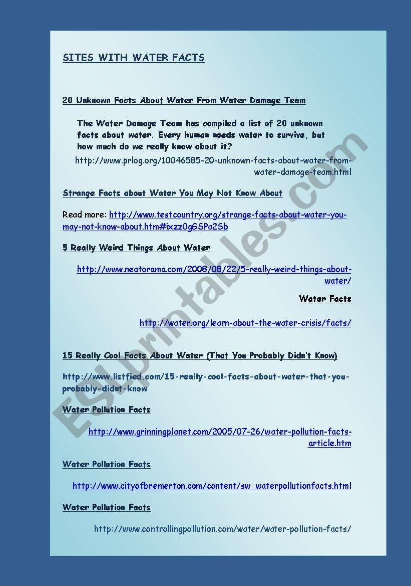 WATER SITES worksheet