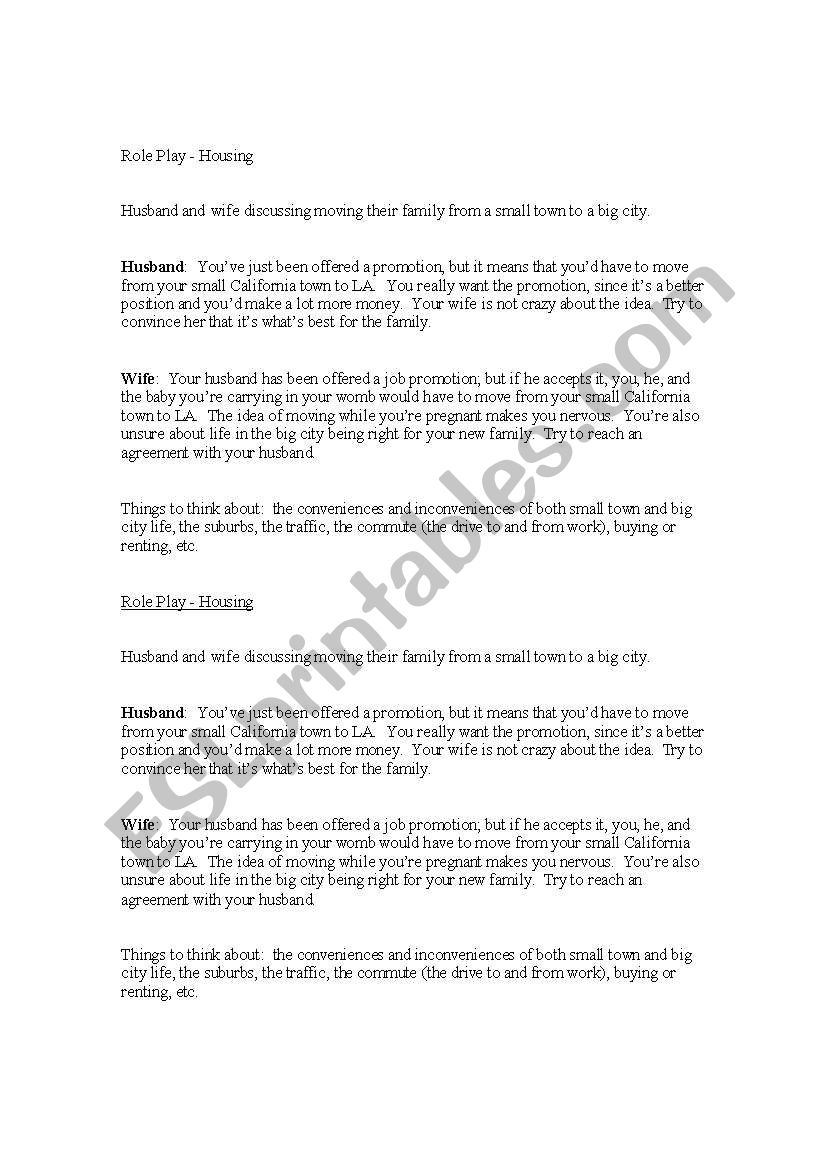 Housing Role play worksheet