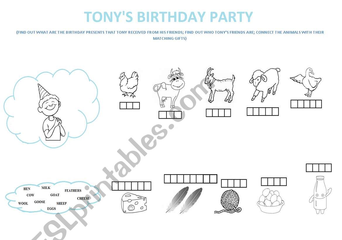 Tonys b-day party worksheet