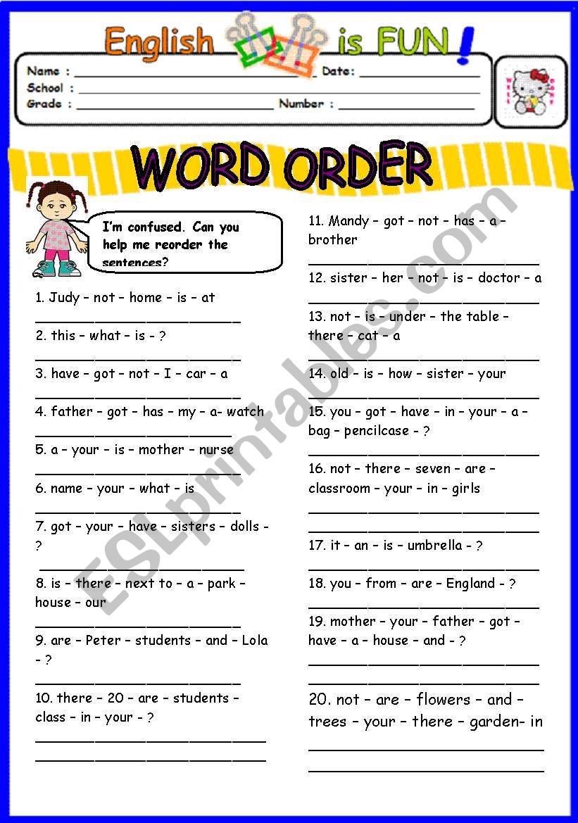 Word order worksheet