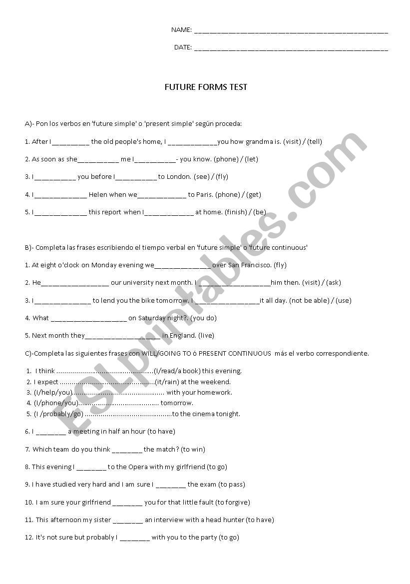 Future Forms Test worksheet