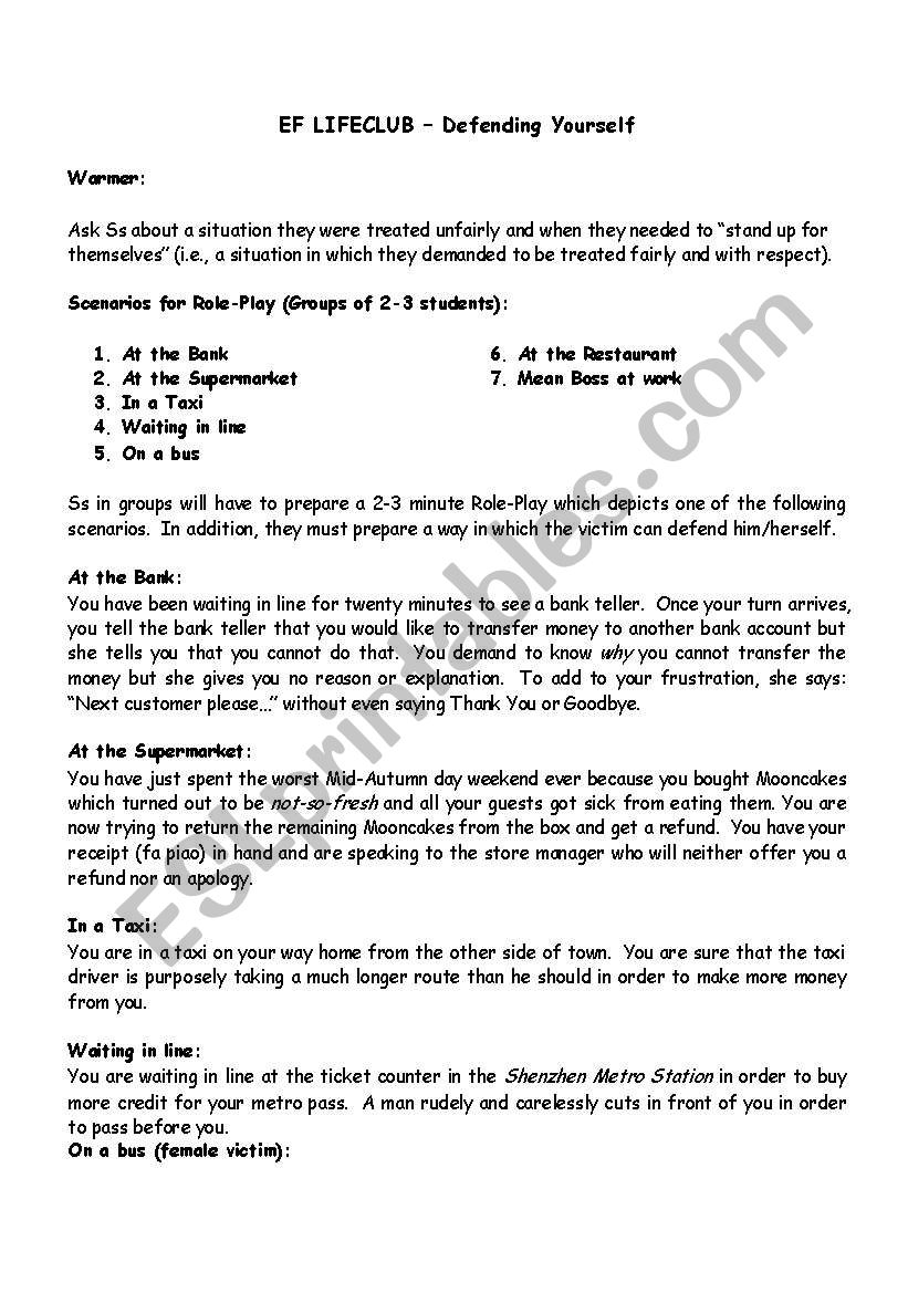 Defend yourself worksheet