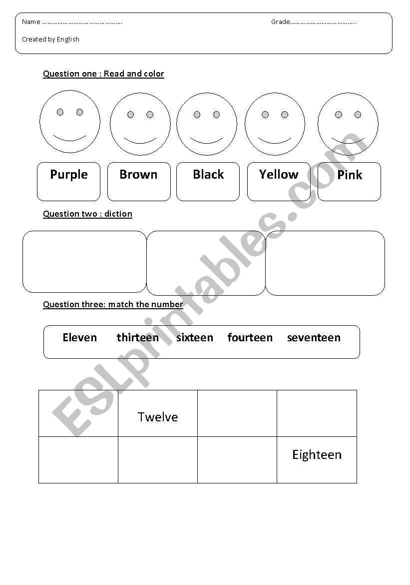colors and numbers  worksheet
