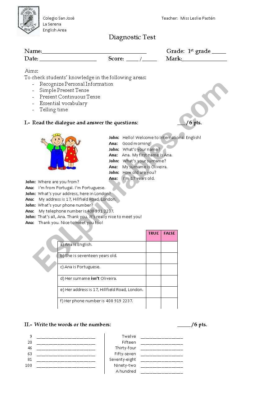 Diagnostic Test worksheet